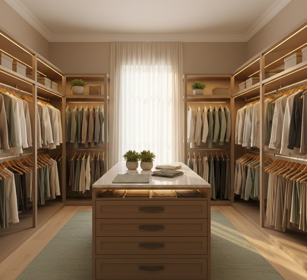 Organized walk-in closet with hanging storage