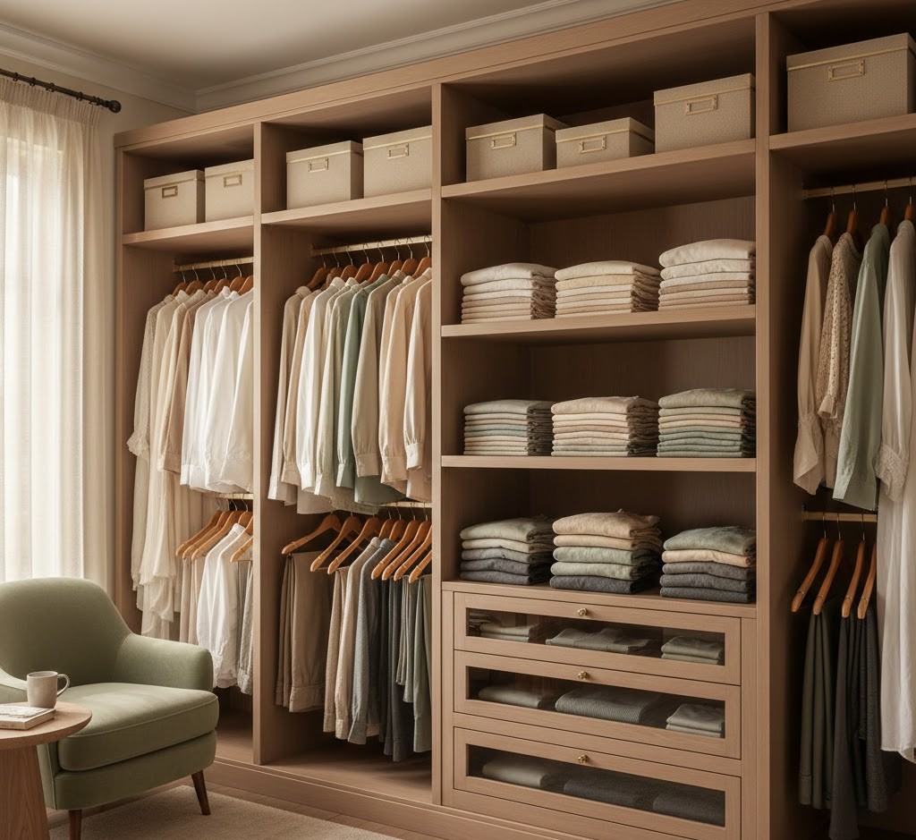 Neatly arranged wardrobe with color coordination