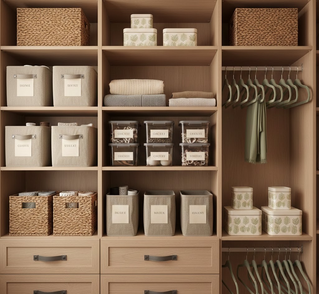 Custom shelving system in organized closet